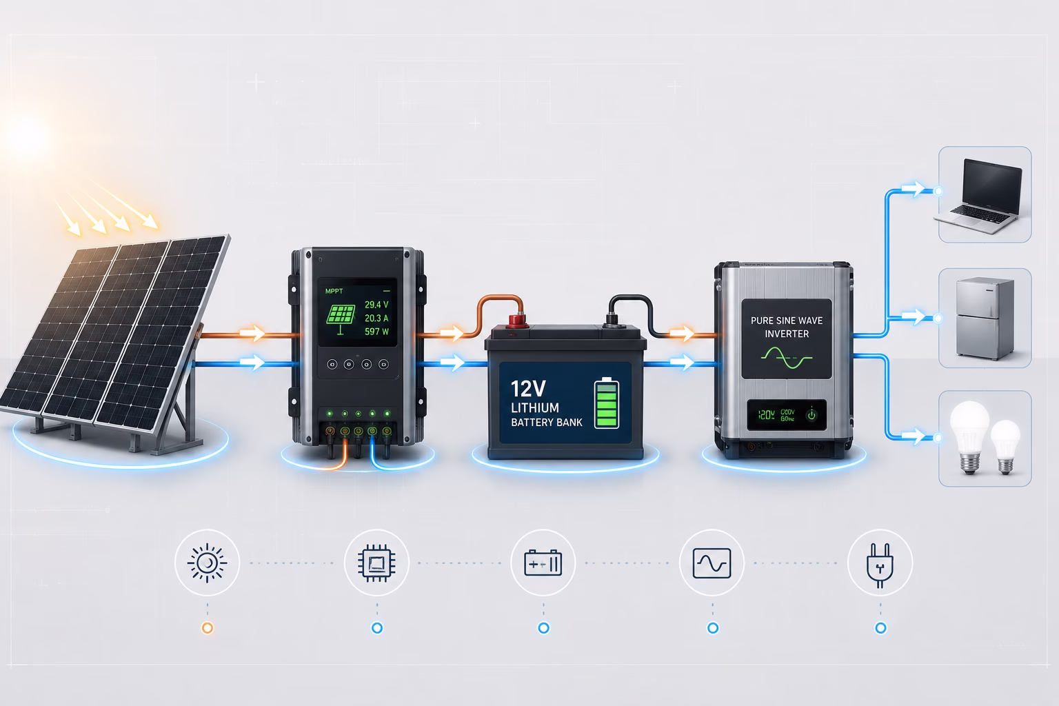 Off-grid solar system block diagram showing charge controller battery bank and inverter